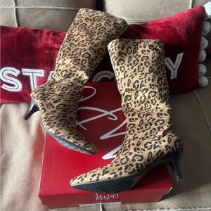 Leopard Print knee high Kitten Heel Boots - Women